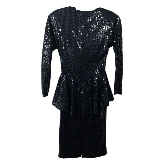 Vintage Black Sequin Peplum Long Sleeve Dress By Chaozhou Hand Stitched Embroide - Picture 2 of 11